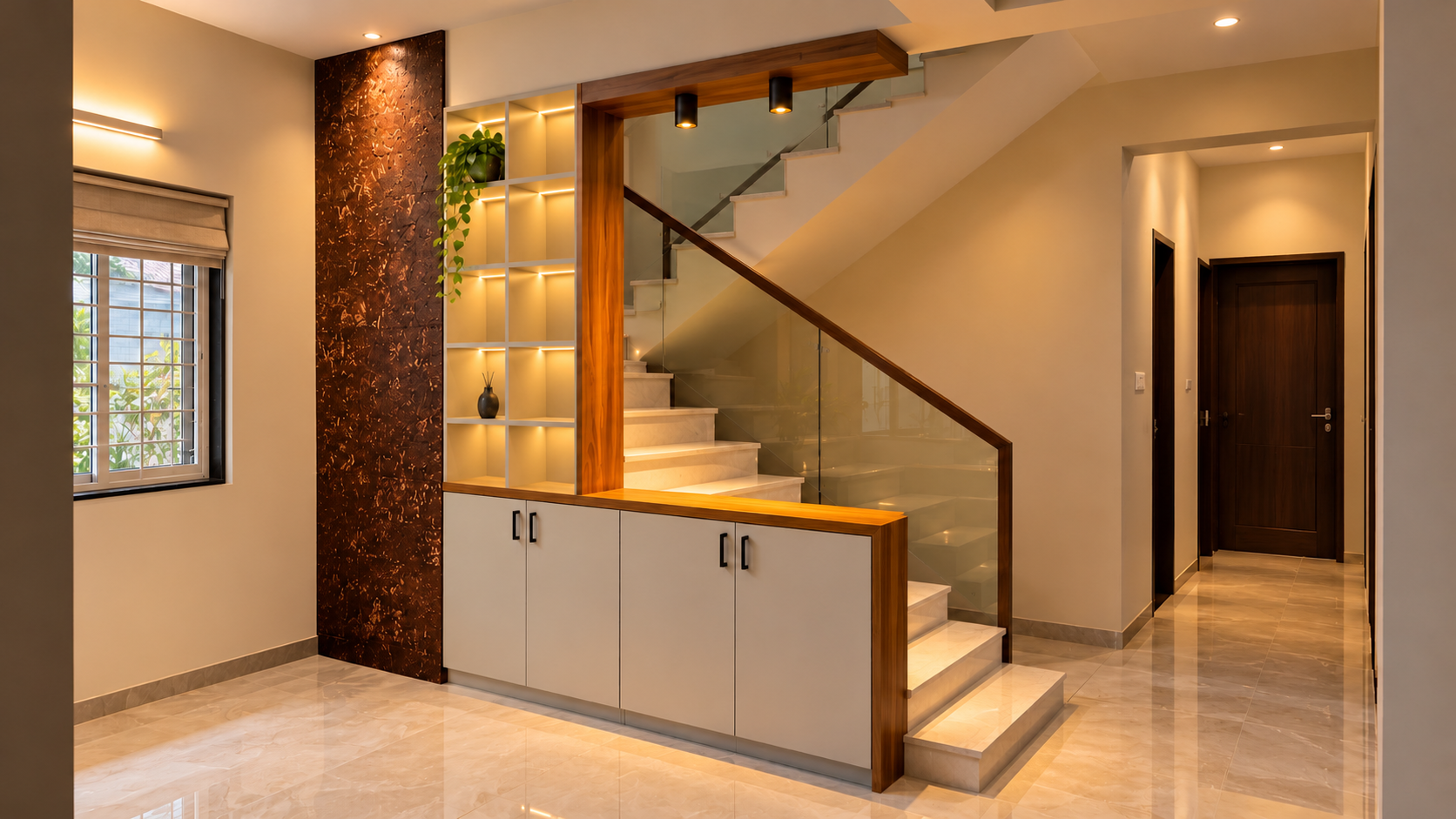 Roy House living area with illuminated display stairs
