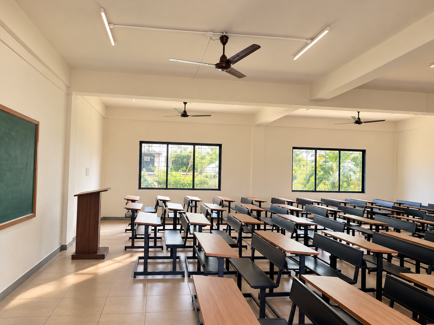 SPK College Bright Modern Classroom with Desks and Podium