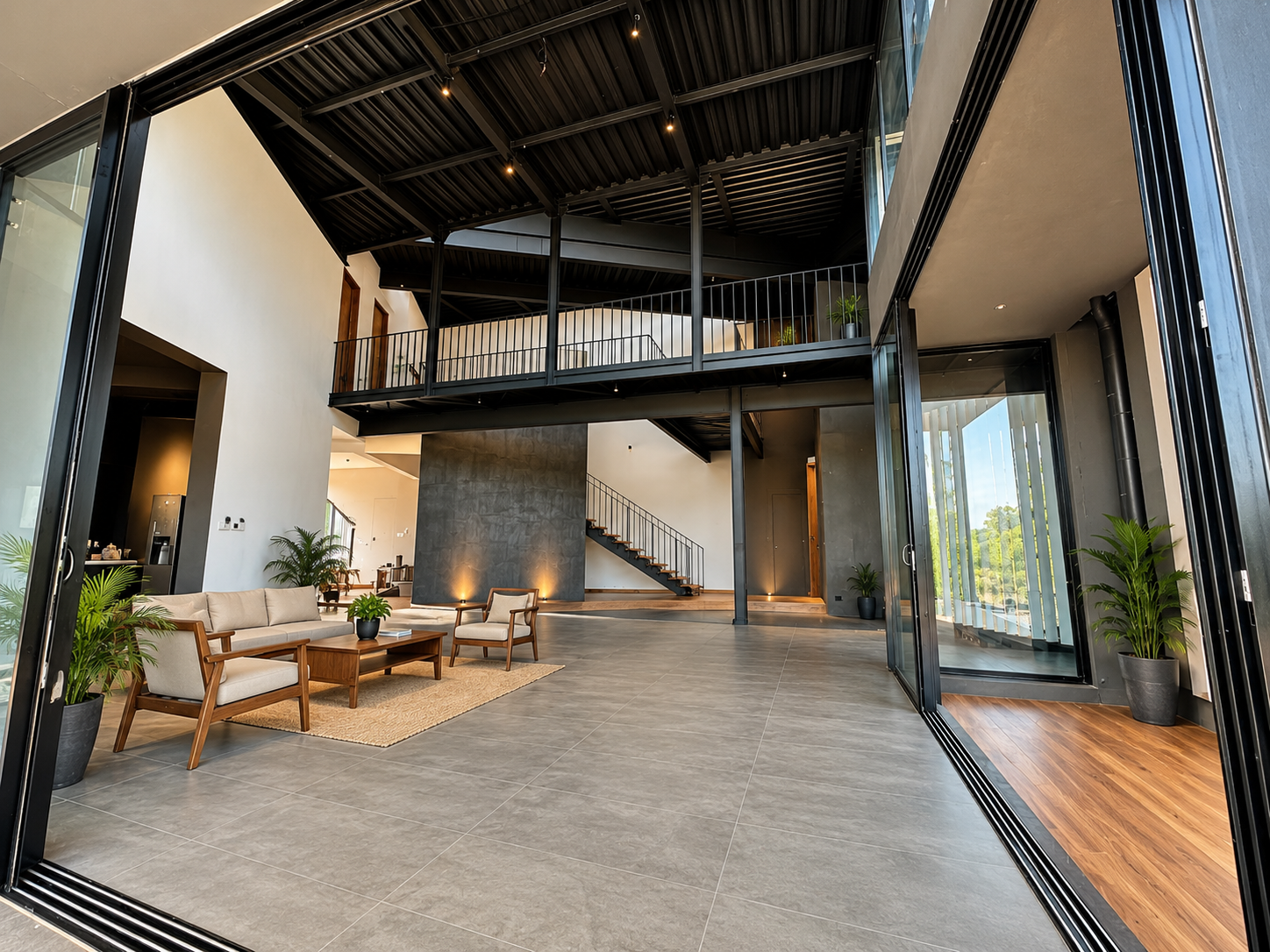 Double-height living room with mezzanine bridge and black steel trusses